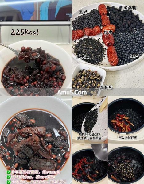 食疗白发变黑发 _ 中医肾虚白发食疗方案 _ 黑芝麻黑米黑枸杞黑豆煮粥防白发